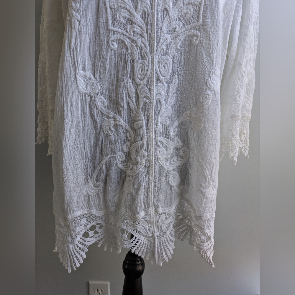 Chico's White100% Cotton Tunic with Embroidery and Scalloped Hem Size 2(L/12) - Picture 6 of 13
